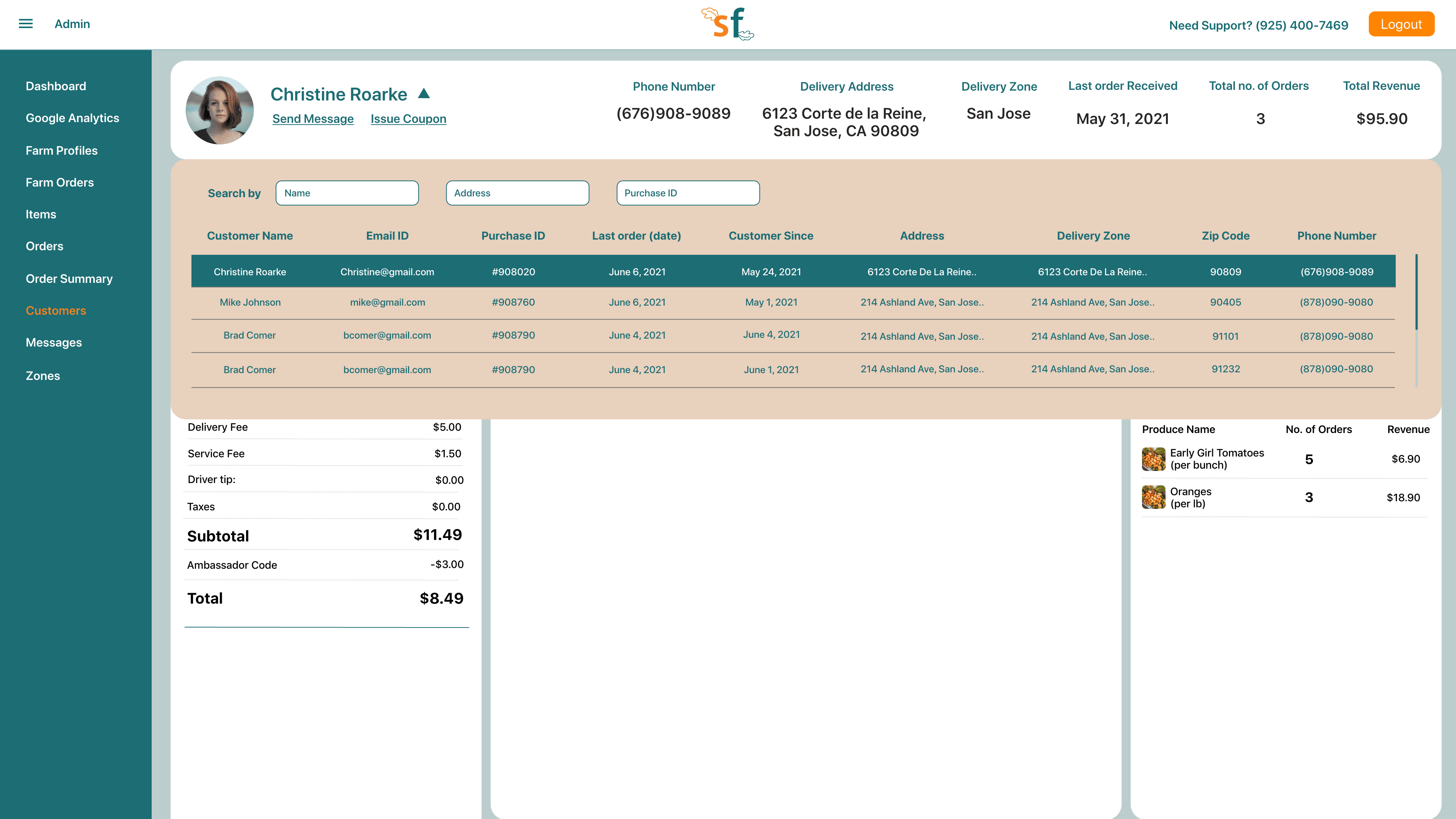 Expanded customer search table with filters for name, address, and purchase ID