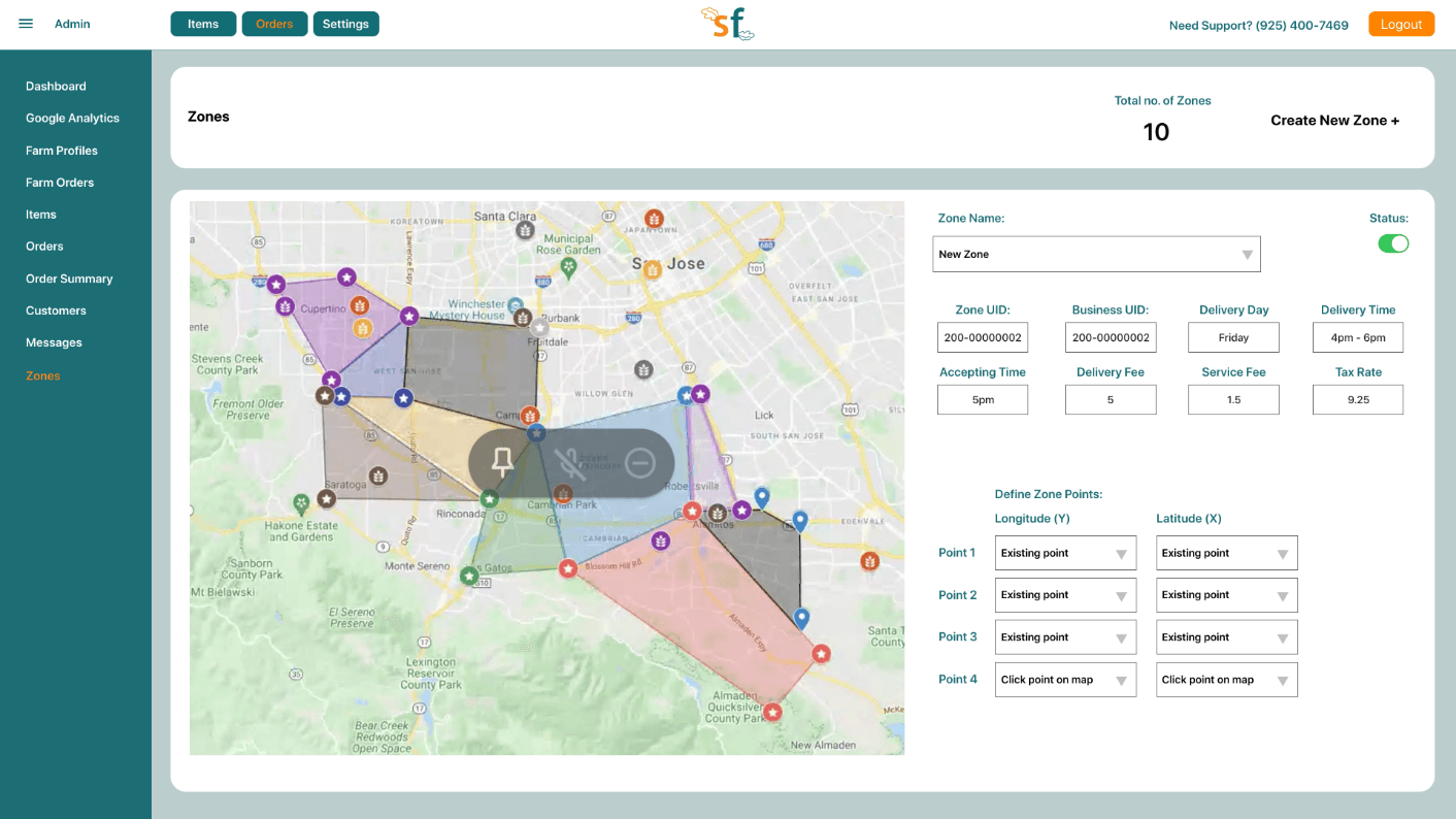 Zones screen with a map of San Jose delivery zones and a form to define zone points, delivery day, and fees