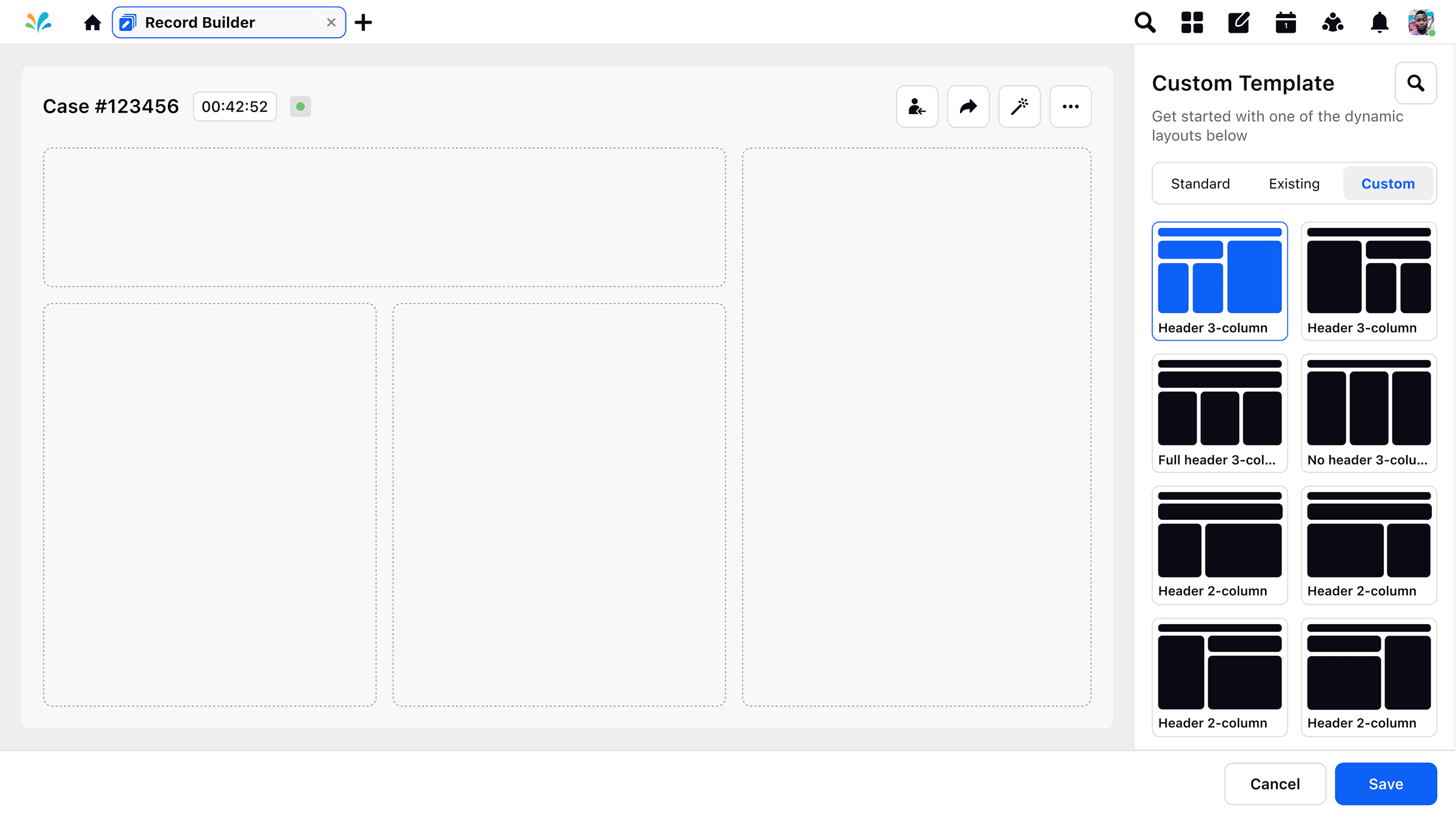 Custom tab of the template picker, showing dynamic column layouts to start from