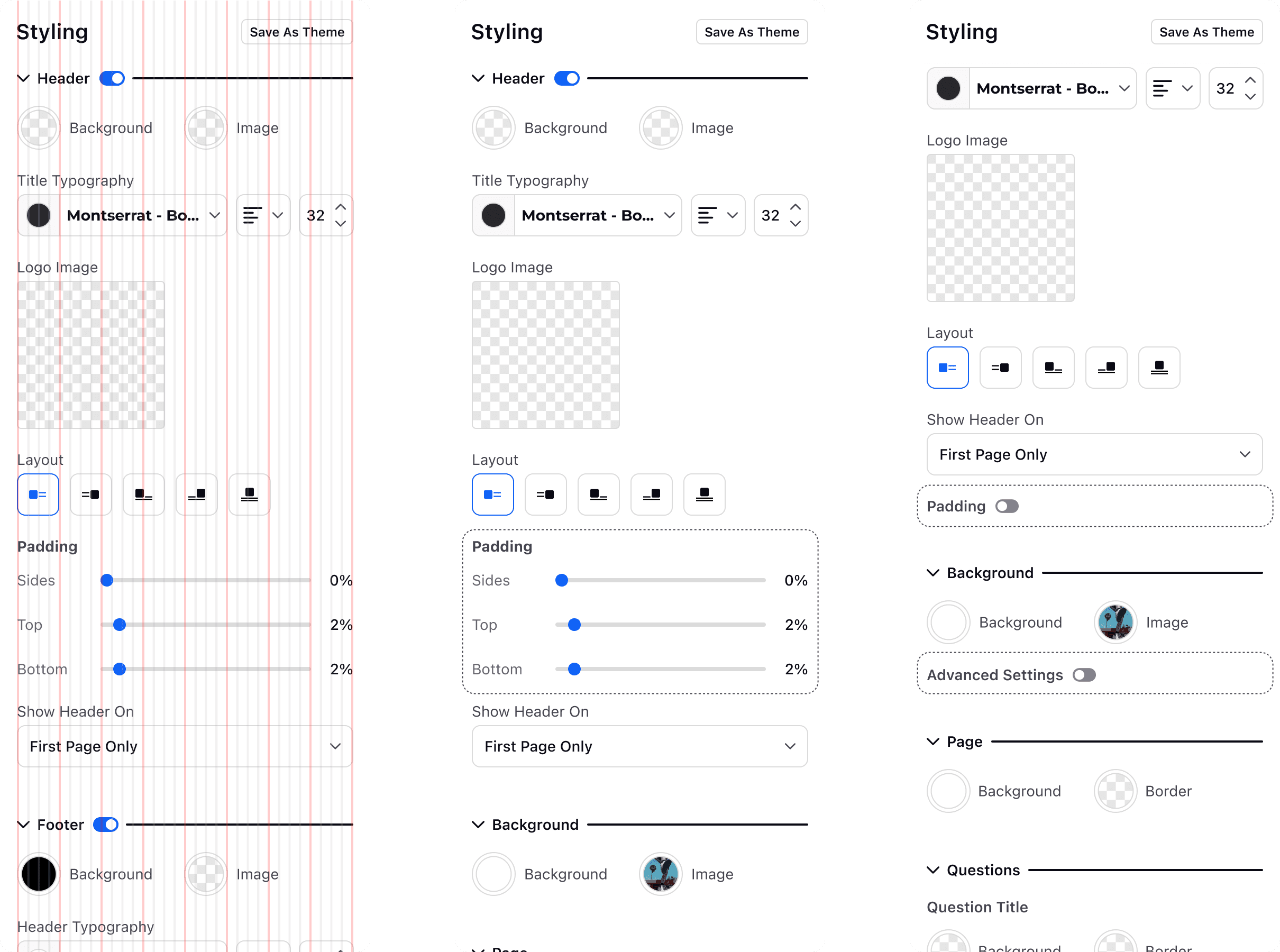 Styling panel with sections organized by element and advanced settings behind toggles