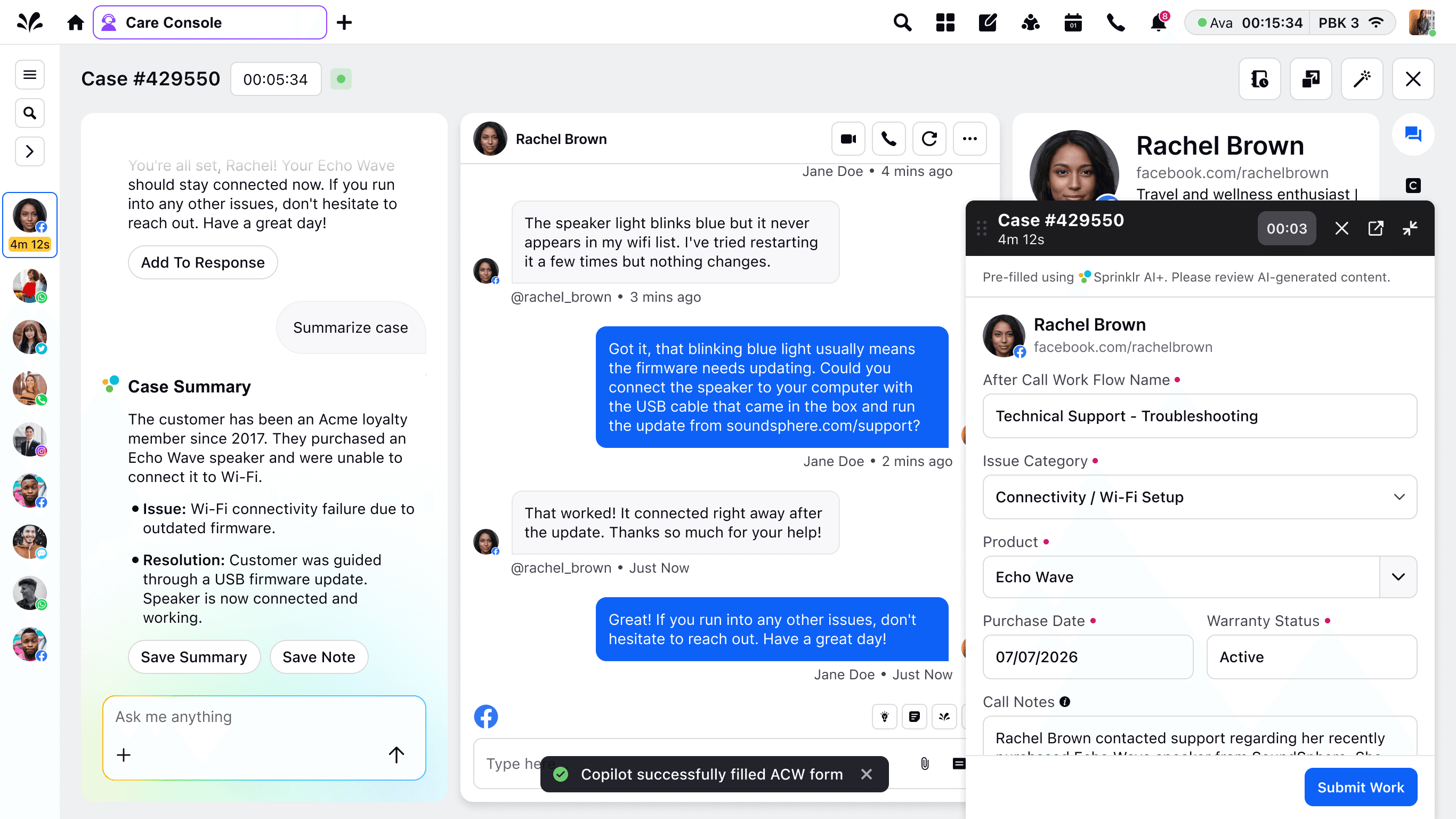After-call work form pre-filled by Copilot from the conversation